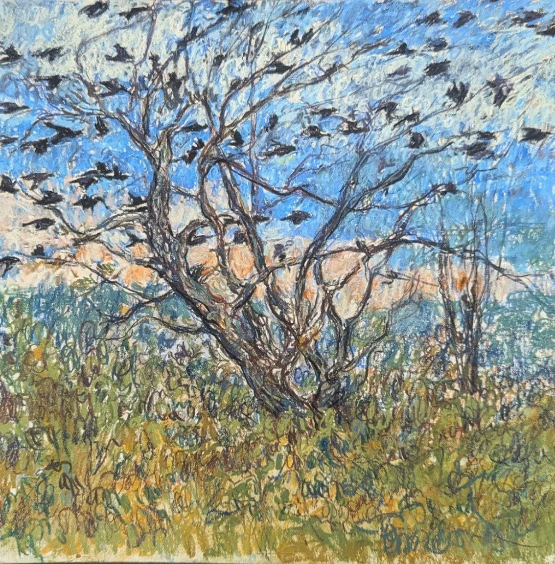 Aves, pastel seco sobre cartón