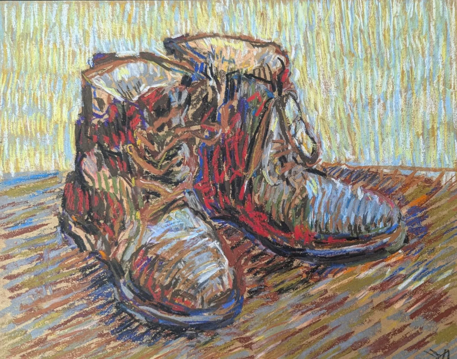 Botas marrones, pastel seco sobre cartón